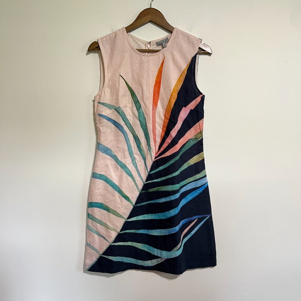 Conditions Apply Anthropologie Linen Mini Sheath Dress Tropical Palm Leaf Print - Picture 3 of 6